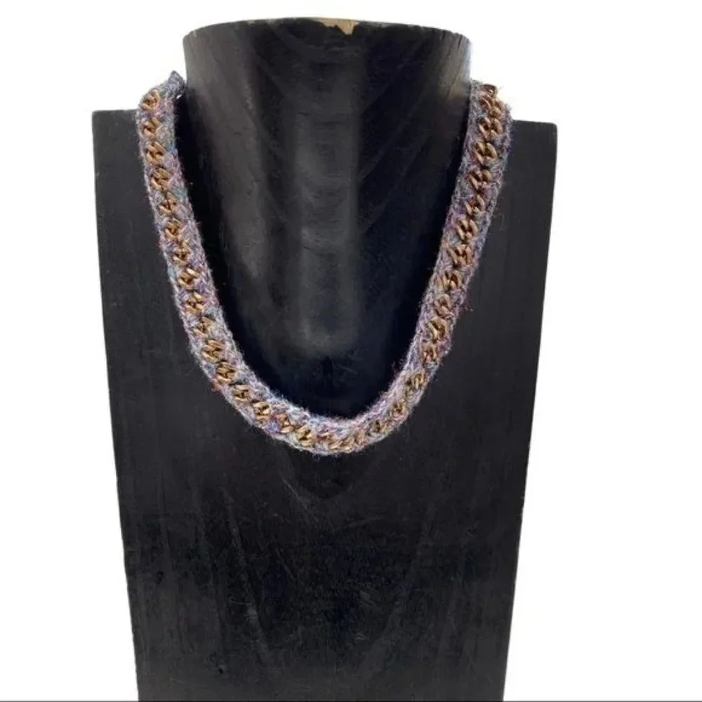 Bohemian Crochet Lurex Yarn & Gold Chain Necklace